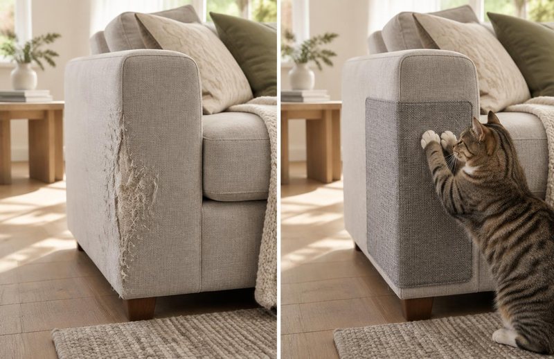 Illustrative before-and-after comparison: frayed sofa arm and sofa arm covered by a textured scratch guard as a cat scratches it