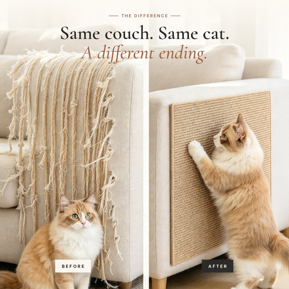 Before and after: shredded sofa arm vs sofa arm protected by CozyClaw